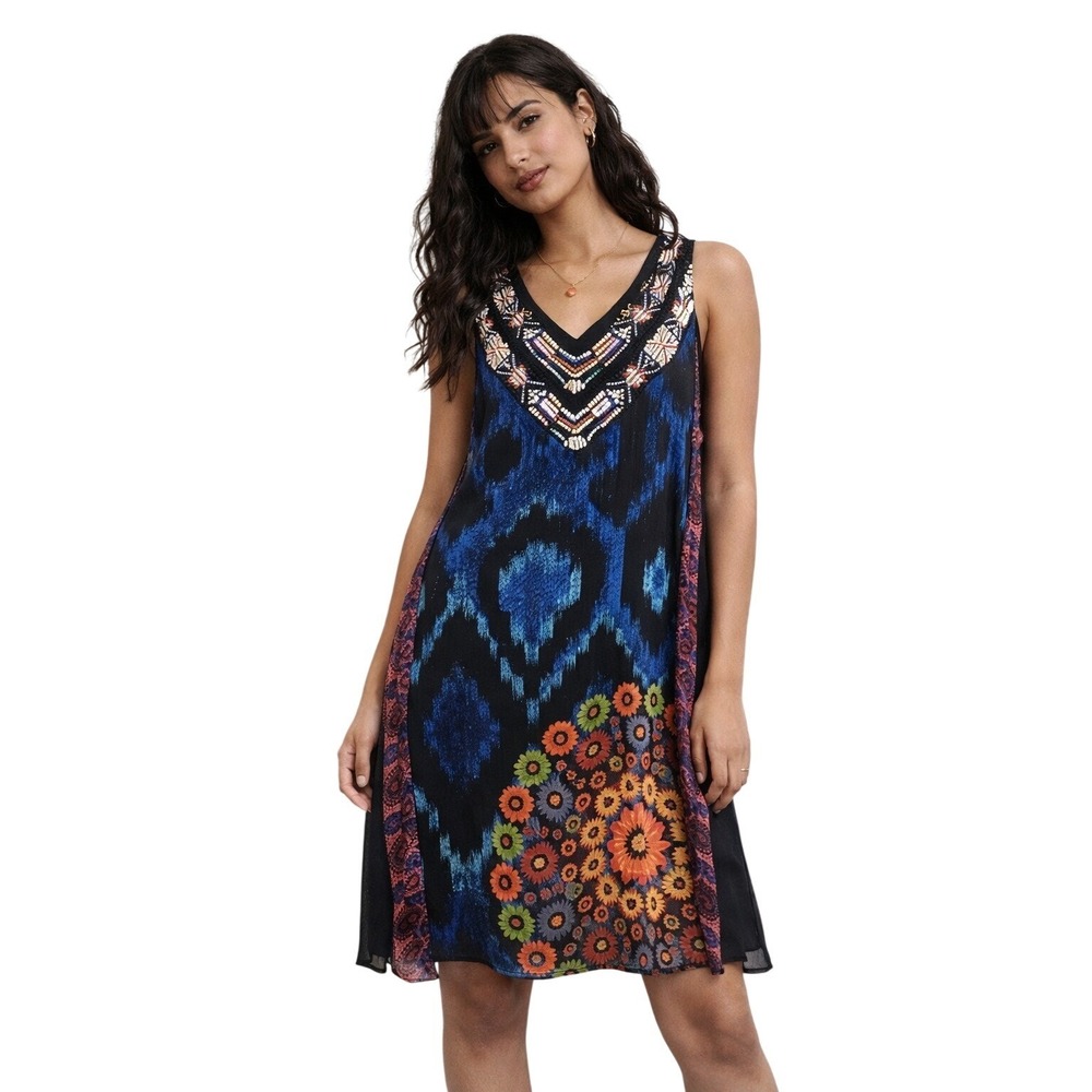 DESIGUAL beaded boho tank dress mixed print moody floral eclectic size 36
